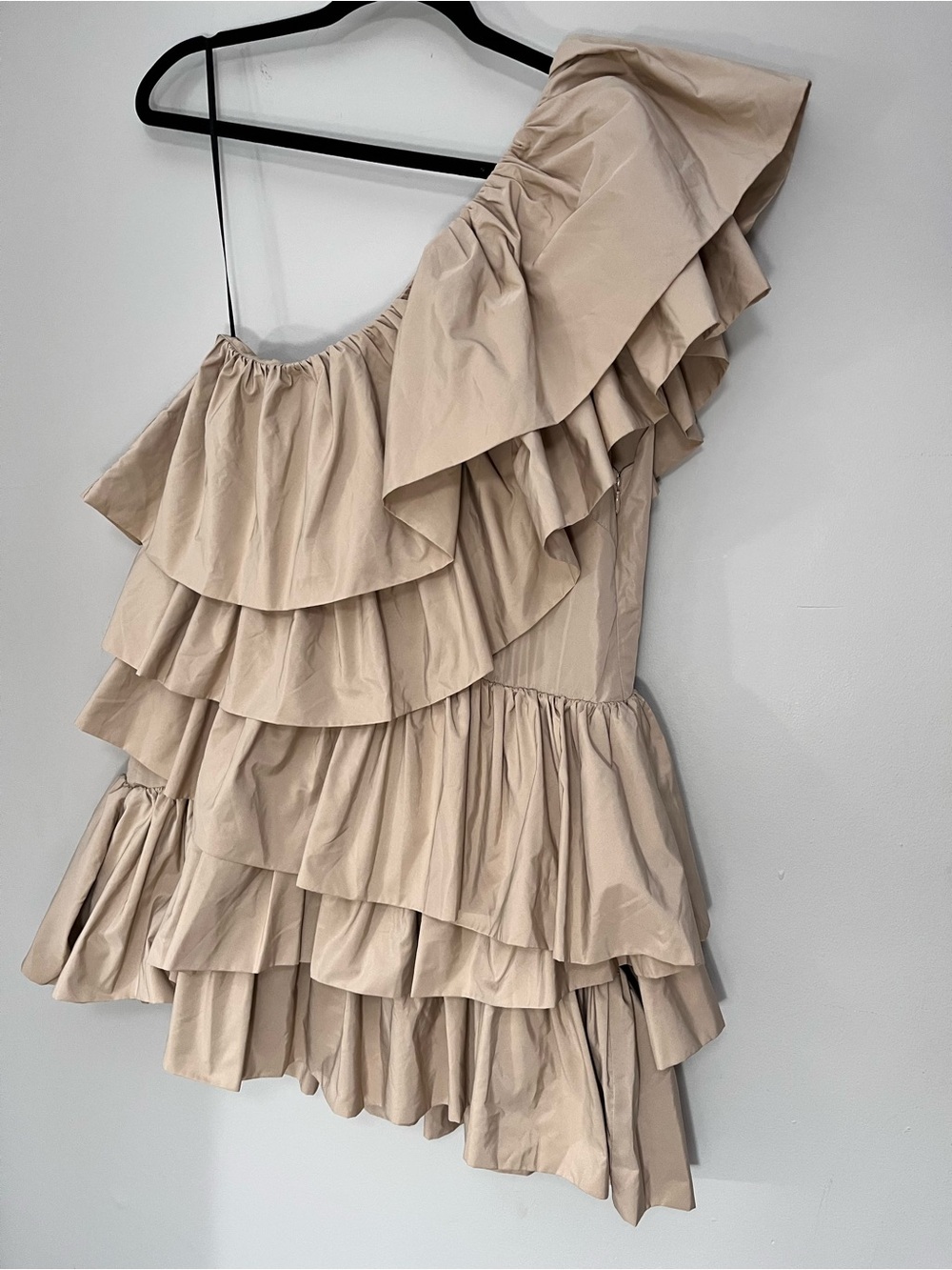 One-Shoulder Tiered Ruffle Mini Dress in Beige - Picture 6 of 11
